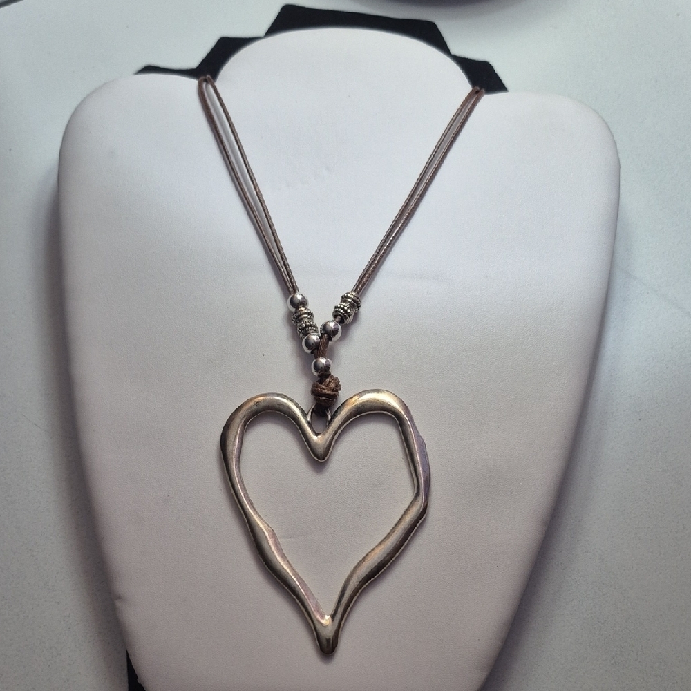 Silver Heart Pendant Necklace with Brown Cord (J48)